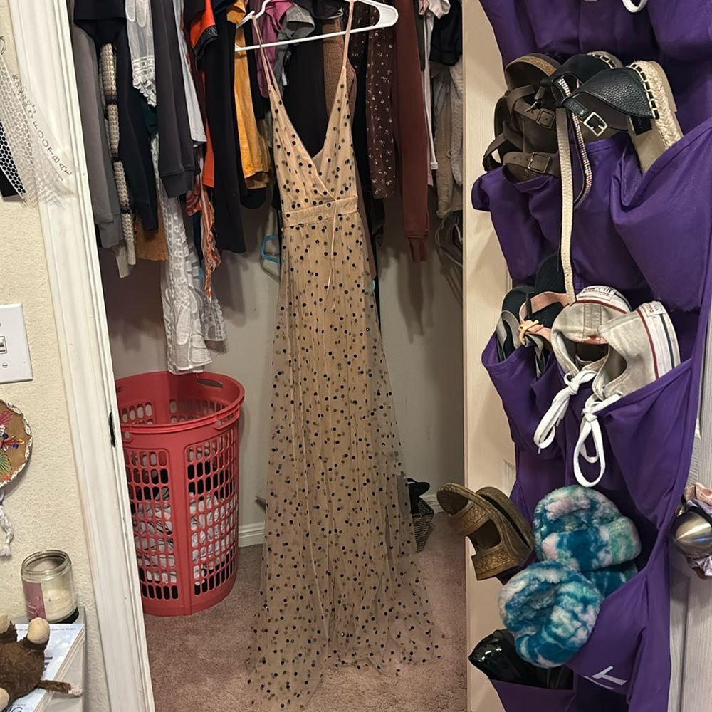 Brand new, tan with black sparkly poka dots, size L